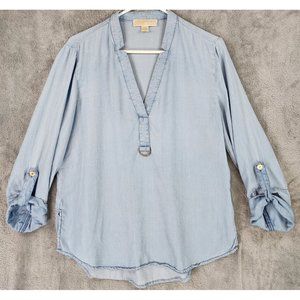 Michael Michael Kors Shirt Womens Medium Blue Chambray Distressed Momcore Blouse